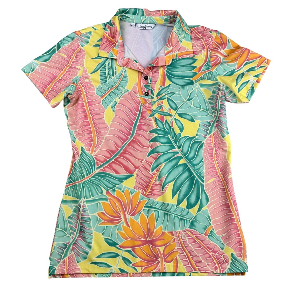 Kenny Flowers Womens Tropical Floral Golf Polo Shirt Pink Yellow Green Large